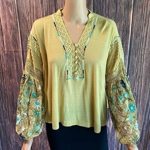 Free People size XS mustard yellow blue embroider floral statement sleeve